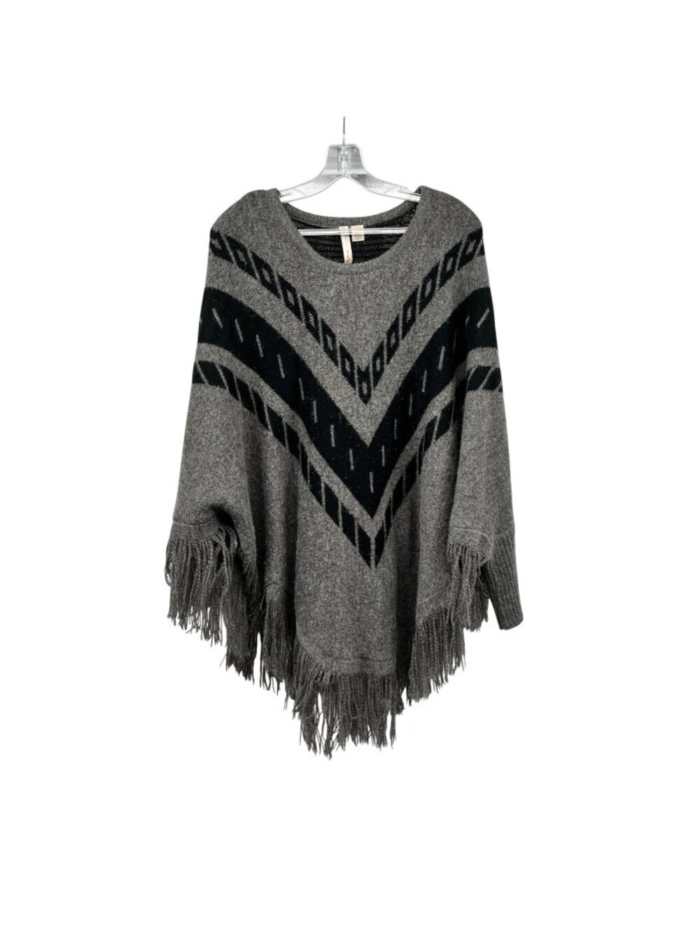 By Design Womens Poncho Sweater Knit Fringe Gray/Black Size S/M